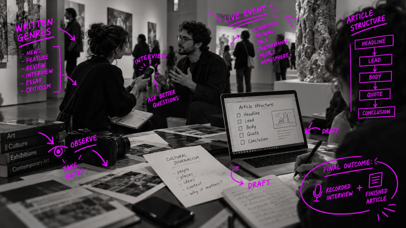 Black and white photo of a journalist interviewing an artist at a gallery opening, with notebooks, a camera and a laptop on the table; violet notes sketch written genres, the live event, an article structure and the final outcome: a recorded interview and a finished article
